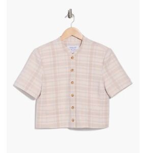 Derek Lam 10 Crosby Taupe Blue Plaid Short Sleeve Crop Jacket Top NWT Women's 6